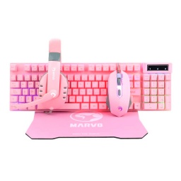 Combo Gamer Marvo Scorpion CM370 Teclado + Mouse + Auriculares + Pad Rosado RGB
