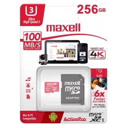 Memoria Micro SD Maxell 256GB Clase 10 100MBS Ultra High Speed 3 Con Adaptador