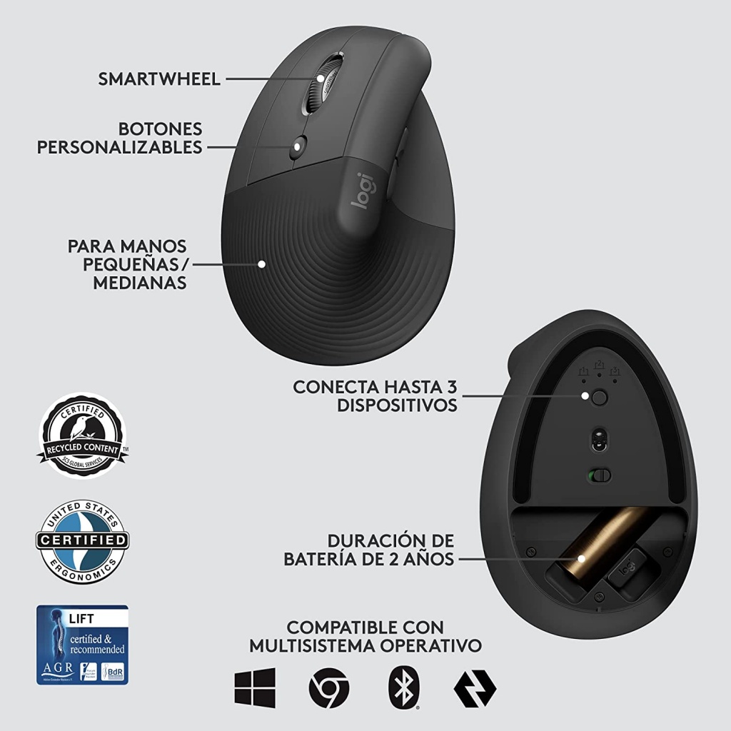 Logitech Ratón Ergonómico Inalámbrico Lift Izquierda Negro