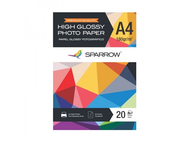 Papel Foto Sparrow A4 180grs High Glossy x20 Hojas