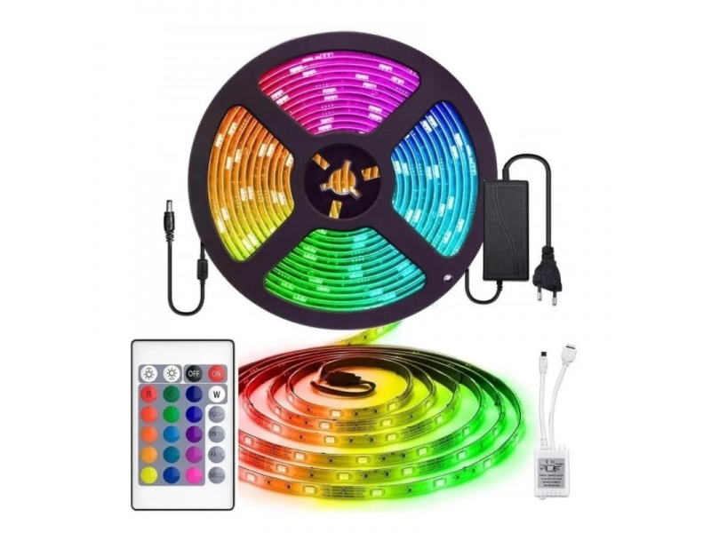 Rollo Cinta de Tiras LED RGB 5 Metros de largo con Transformador y Control remoto (Modelo 5050)