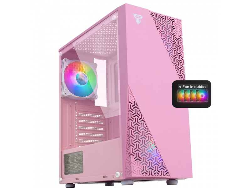 Gabinete Gamer Mid-Tower Fantech CG-76 Panel lateral Vidrio Templado Con 4 Fan Cooler RGB includos - Rosado